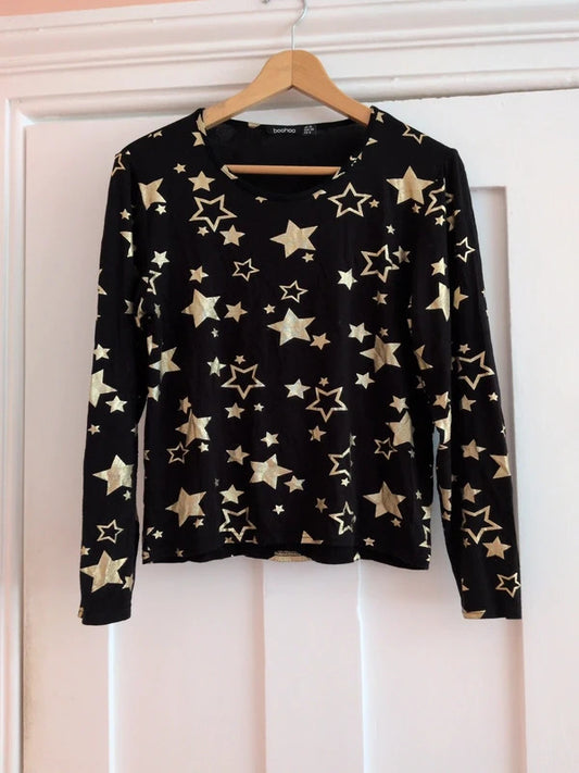 Boohoo black gold star top Size 10
